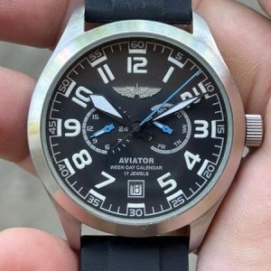 AVIATOR АВИАТОР WEEK-DAY CALENDAR 17 JEWELS manual winding watch all stainless steel / case no.603/999, Russia.