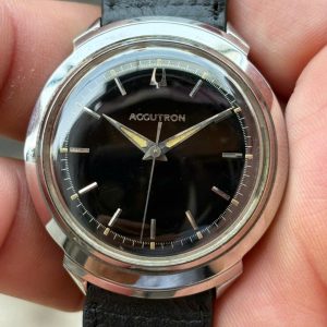1960’s Vintage Bulova Accutron Black Dial Stainless Steel Turtle case watch, case no.K17707 .