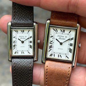 Set Helene de Michel tank Quartz Vintage watch Silver 925 / case no.218253 & 218254, made in Japan .